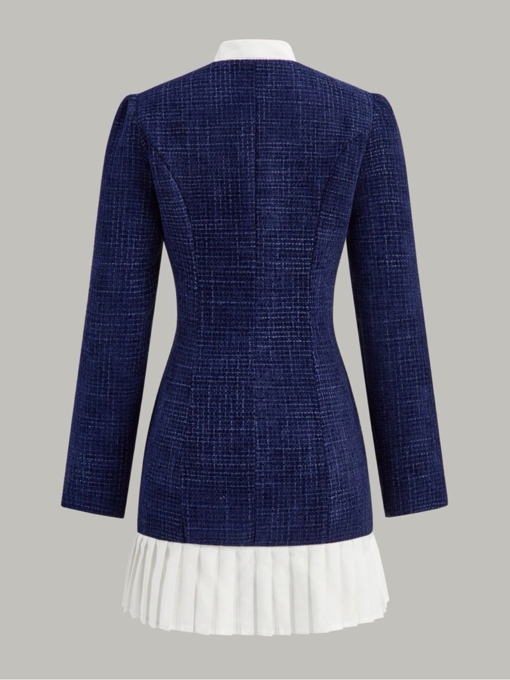 Commense Pleated Hem Bow Neckline Tweed Mini Dress - Picture 3 of 10